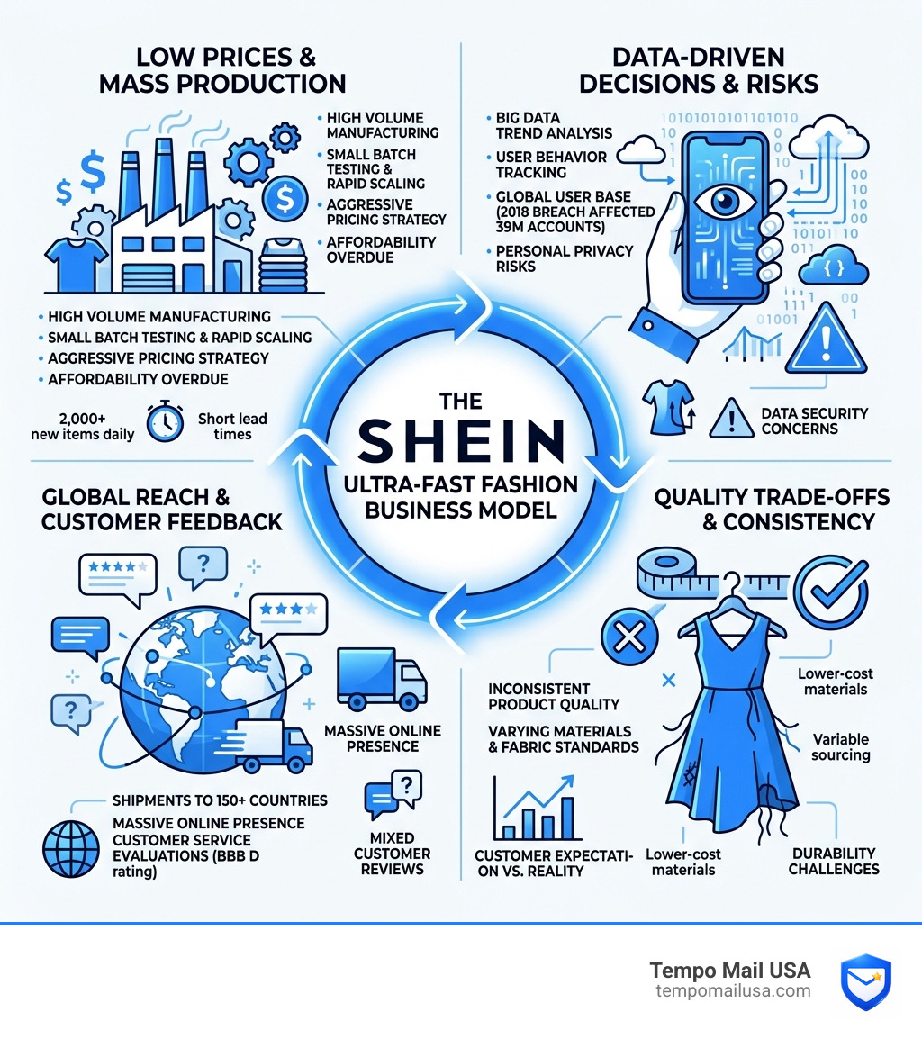 Shein ultra-fast fashion business model infographic: low prices, mass production, data risks, and quality trade-offs - is Shein ultra-fast fashion business model infographic: low prices, mass production, data risks, and quality trade-offs - is