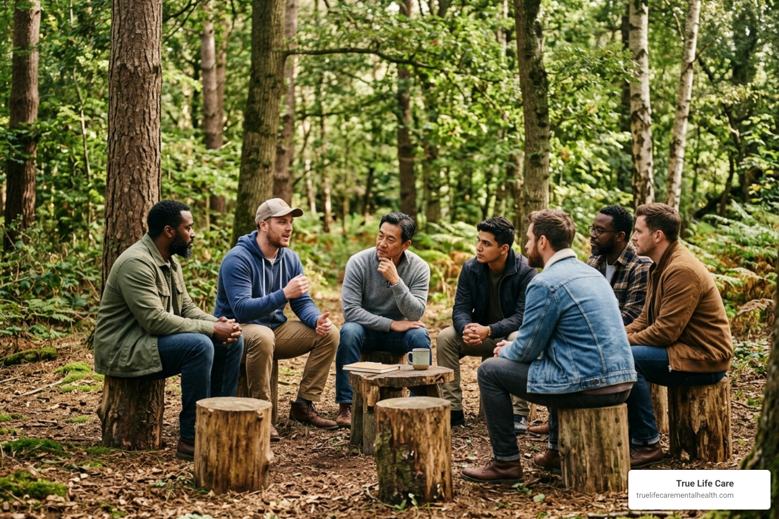 Group of men sitting in a therapy circle in a quiet forest setting - mental health retreat for men