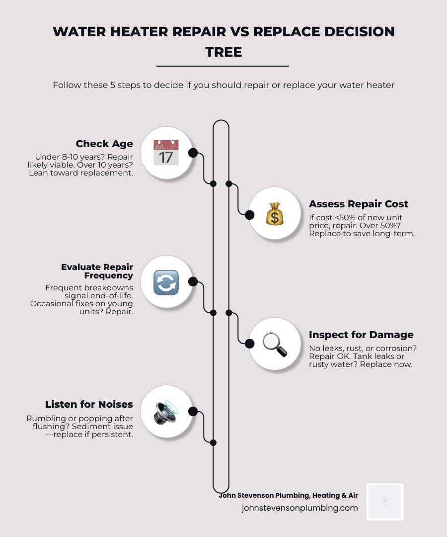 Repair vs replace water heater decision tree infographic with age, cost, and damage criteria - how to decide between water Repair vs replace water heater decision tree infographic with age, cost, and damage criteria - how to decide between water