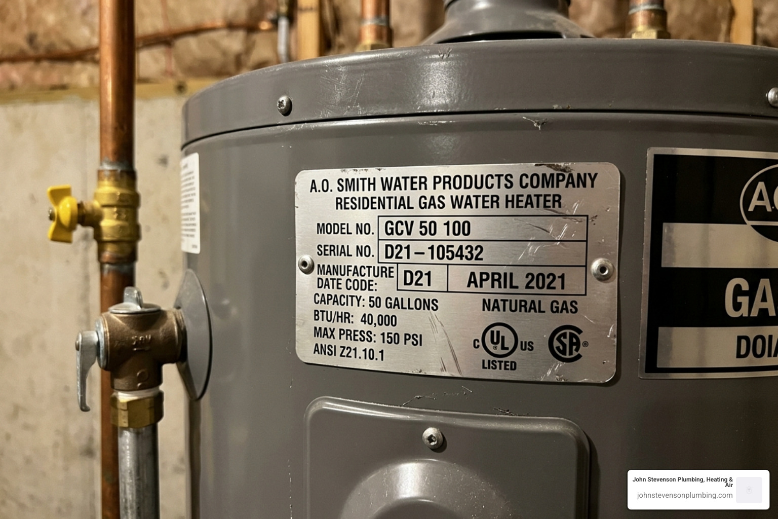 Close up of a water heater serial number plate showing manufacture date code - how to decide between water heater repair and Close up of a water heater serial number plate showing manufacture date code - how to decide between water heater repair and