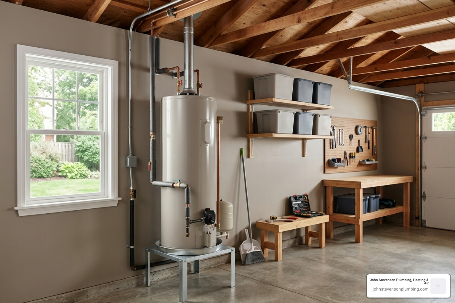 traditional tank water heater installed in a garage setting - tankless vs tank water heater comparison