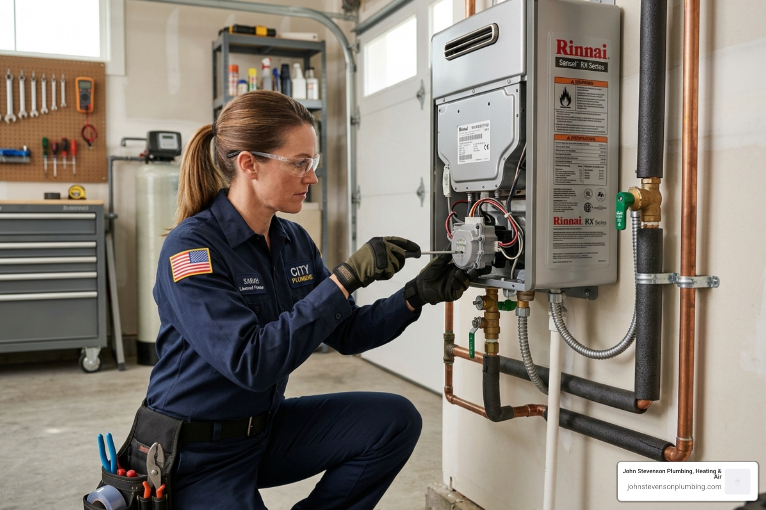 technician inspecting a flow sensor on a tankless water heater - tankless water heater pros and cons