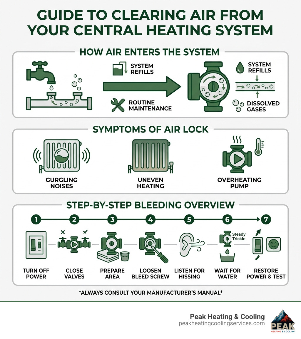 Infographic showing how air enters a central heating system, symptoms of air lock, and step-by-step bleeding overview Infographic showing how air enters a central heating system, symptoms of air lock, and step-by-step bleeding overview
