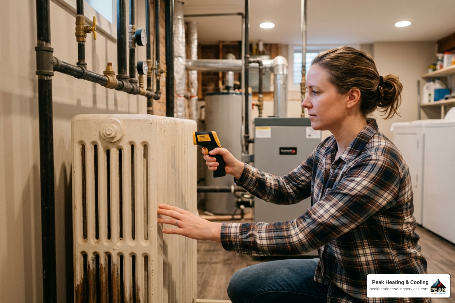 Homeowner checking radiator temperatures with a digital thermometer to identify cold spots - bleeding a central heating pump Homeowner checking radiator temperatures with a digital thermometer to identify cold spots - bleeding a central heating pump