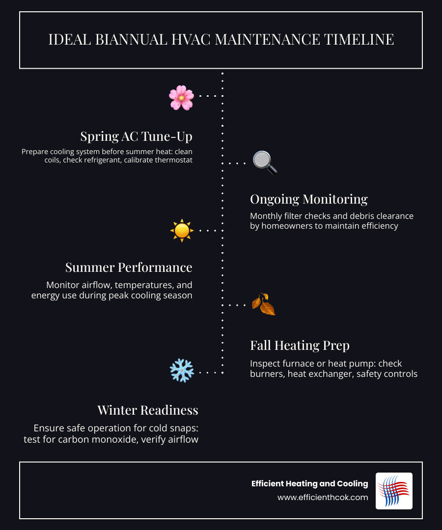 Infographic showing ideal biannual HVAC maintenance timeline with spring AC tune-up and fall heating check - how often
