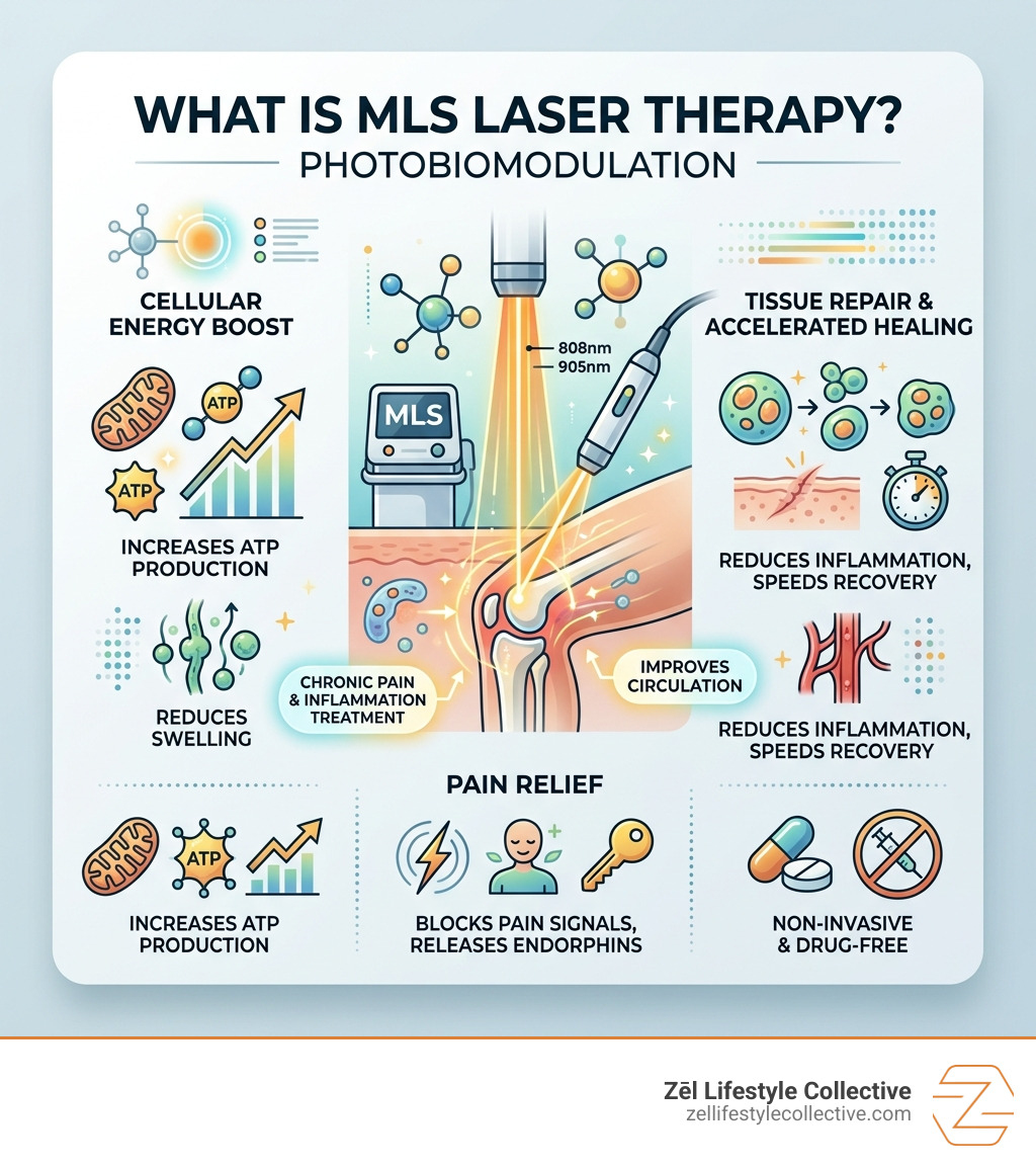 Infographic explaining MLS Laser Therapy photobiomodulation process and key benefits - what is mls laser therapy infographic 