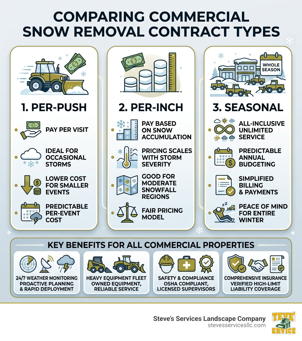 Infographic comparing different snow removal contract types and their benefits - commercial snow removal Medford MA