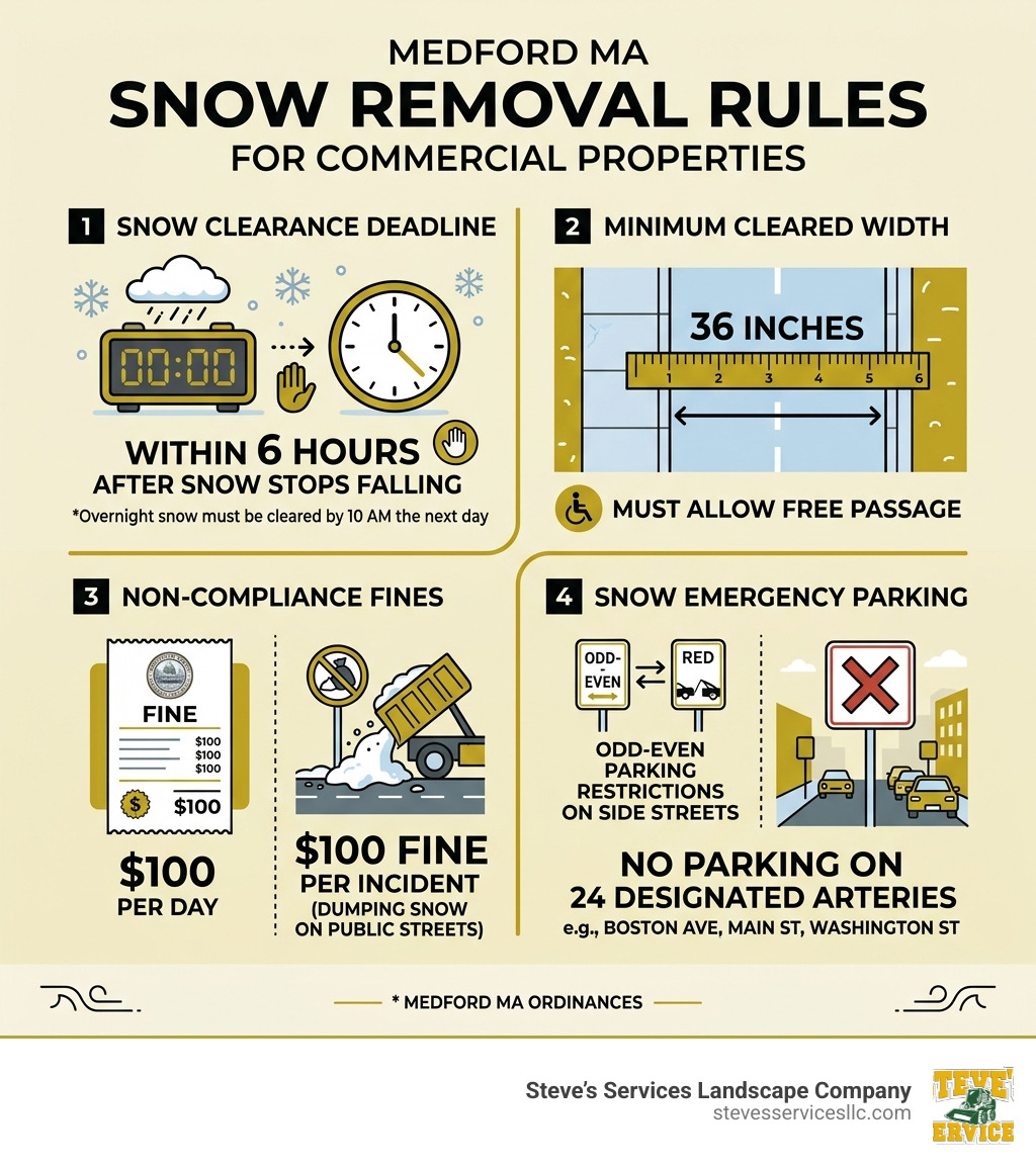 Infographic showing Medford MA 6-hour snow clearance ordinance, fines, and sidewalk width requirements - commercial snow