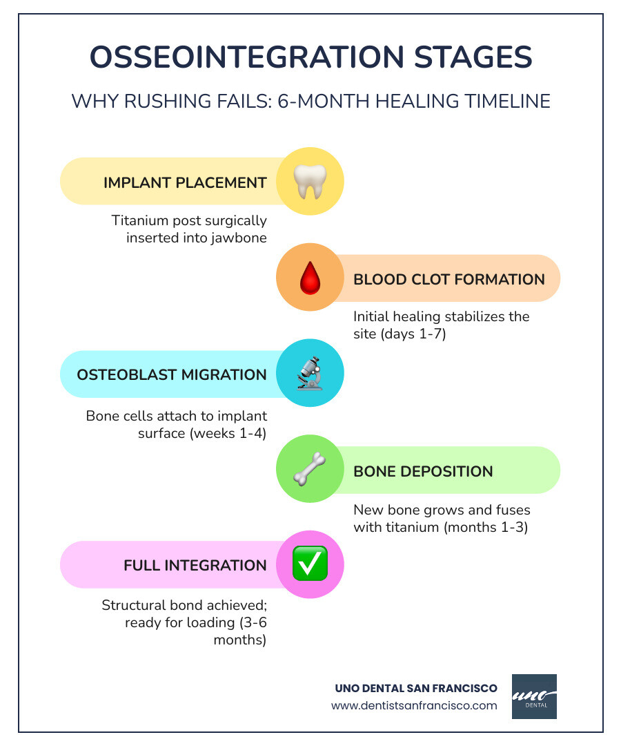 Infographic showing the stages of osseointegration over a 6-month period - dangers of one day dental implants infographic Infographic showing the stages of osseointegration over a 6-month period - dangers of one day dental implants infographic