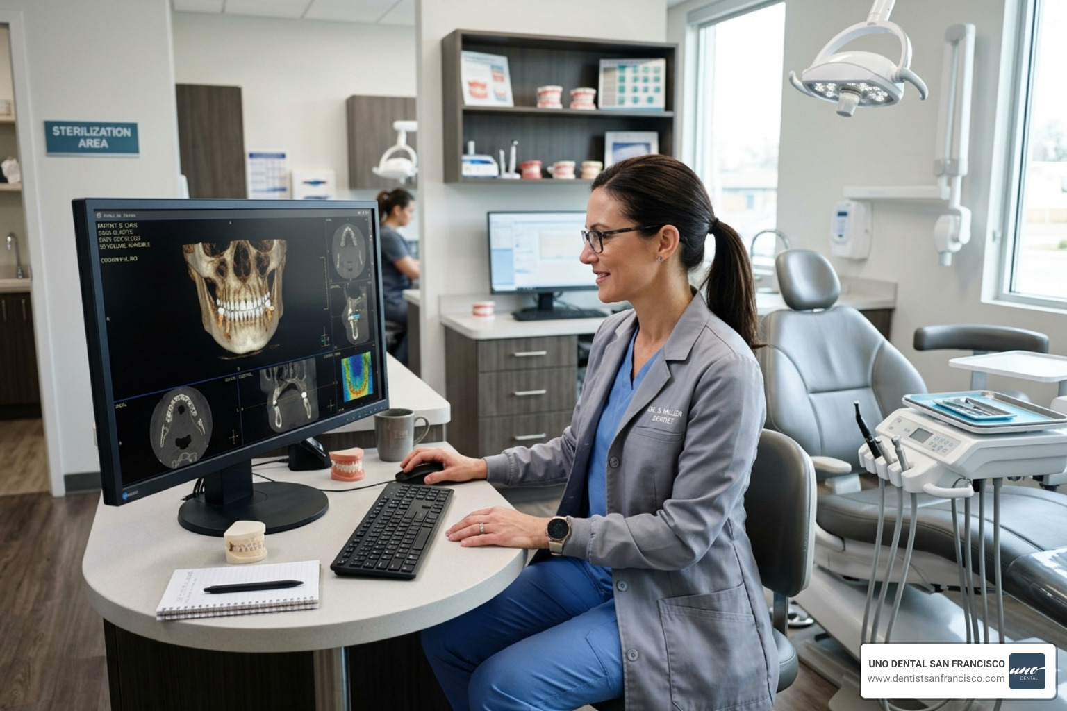 A dentist reviewing a 3D CBCT scan of a patient's jawbone - dangers of one day dental implants A dentist reviewing a 3D CBCT scan of a patient's jawbone - dangers of one day dental implants