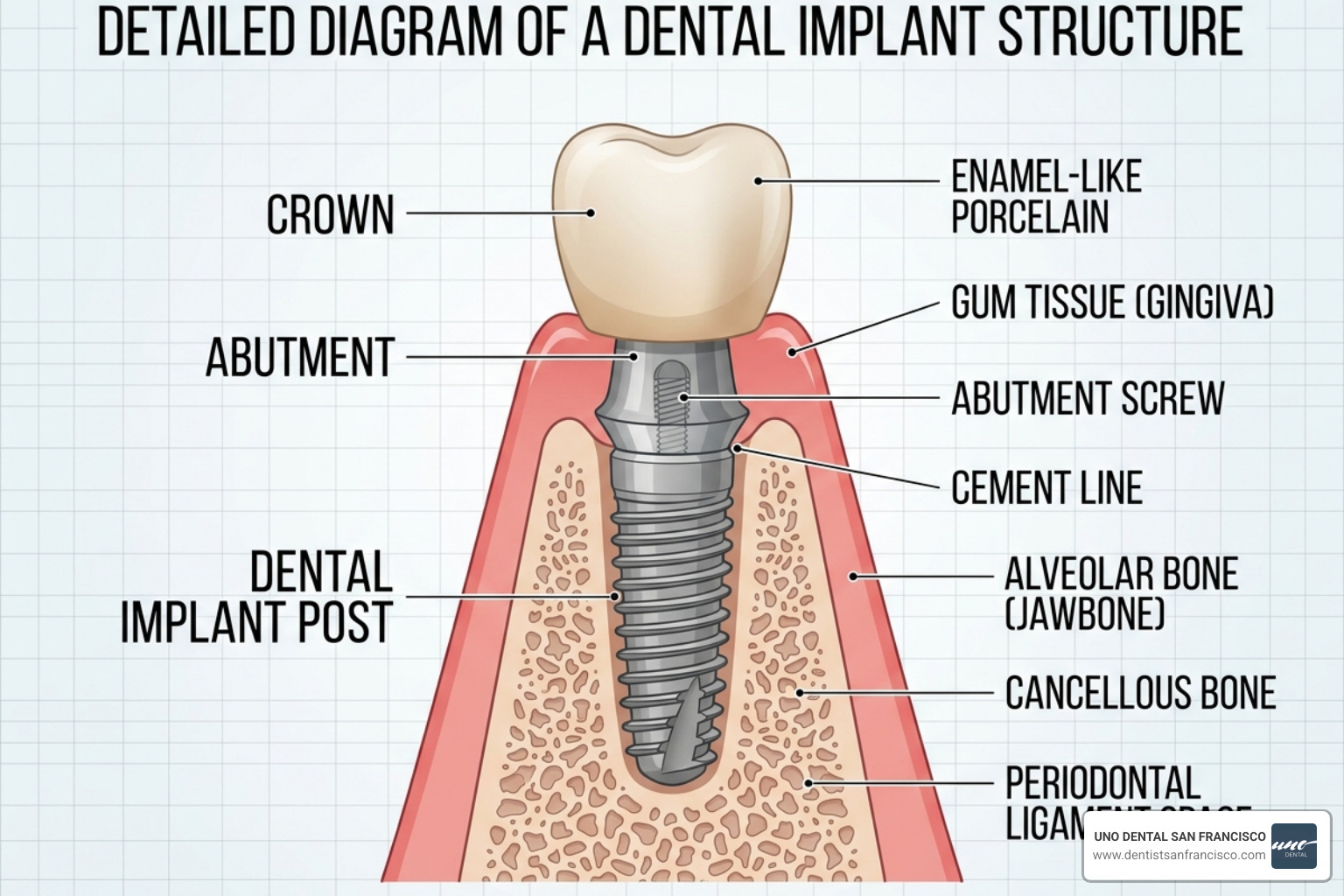 Diagram showing the structure of a dental implant including the post, abutment, and crown - dangers of one day dental implants Diagram showing the structure of a dental implant including the post, abutment, and crown - dangers of one day dental implants