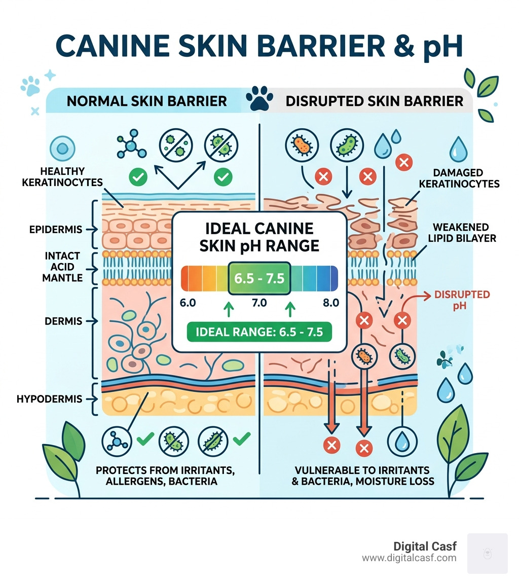 infographic showing canine skin barrier layers and ideal pH range 6.5-7.5 for dogs - best all natural dog shampoo for