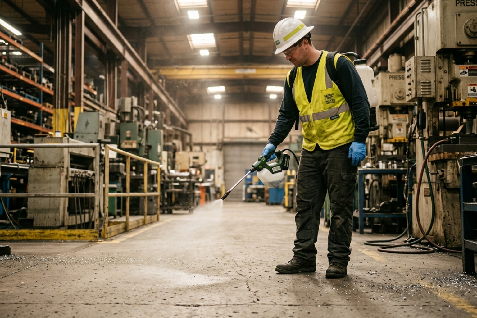 professional cleaner in high-visibility gear sanitizing an industrial manufacturing floor - specialist commercial cleaning