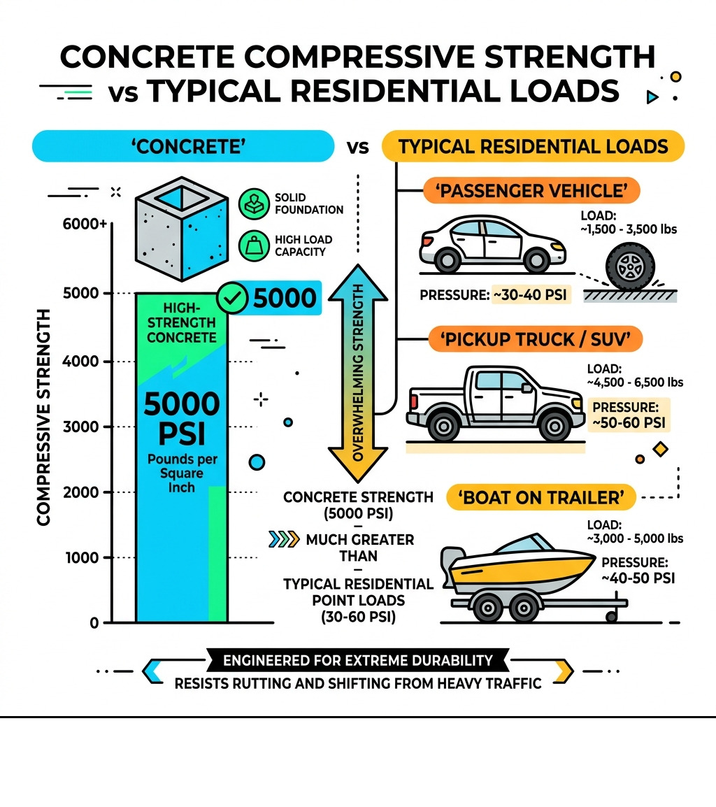 Stat showing concrete's compressive strength vs typical residential loads - Concrete vs Pavers infographic 