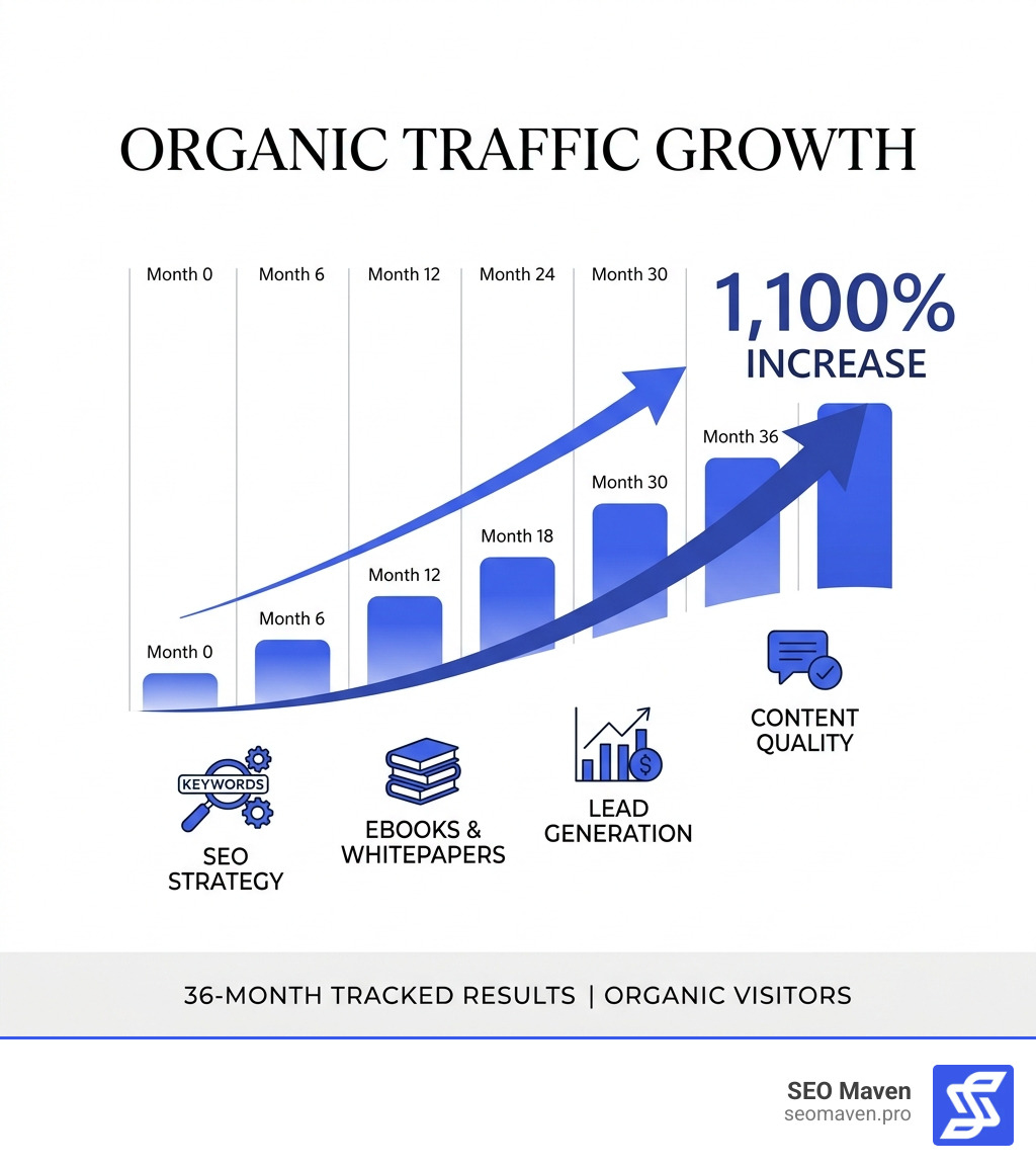 Infographic showing the growth of organic traffic over 36 months with an 1,100 percent increase - florida content marketing Infographic showing the growth of organic traffic over 36 months with an 1,100 percent increase - florida content marketing