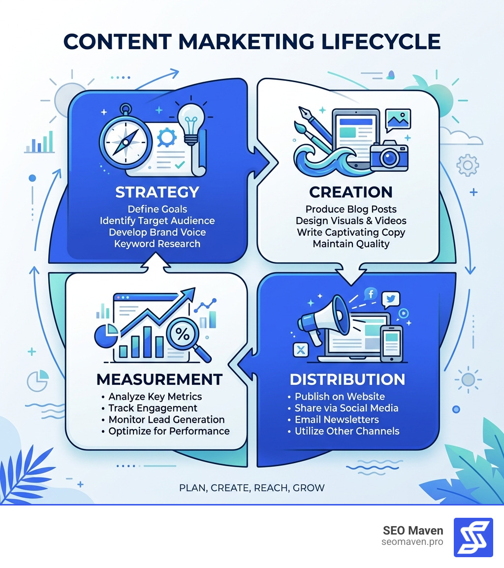 Content marketing lifecycle infographic showing strategy, creation, distribution, and measurement - florida content Content marketing lifecycle infographic showing strategy, creation, distribution, and measurement - florida content