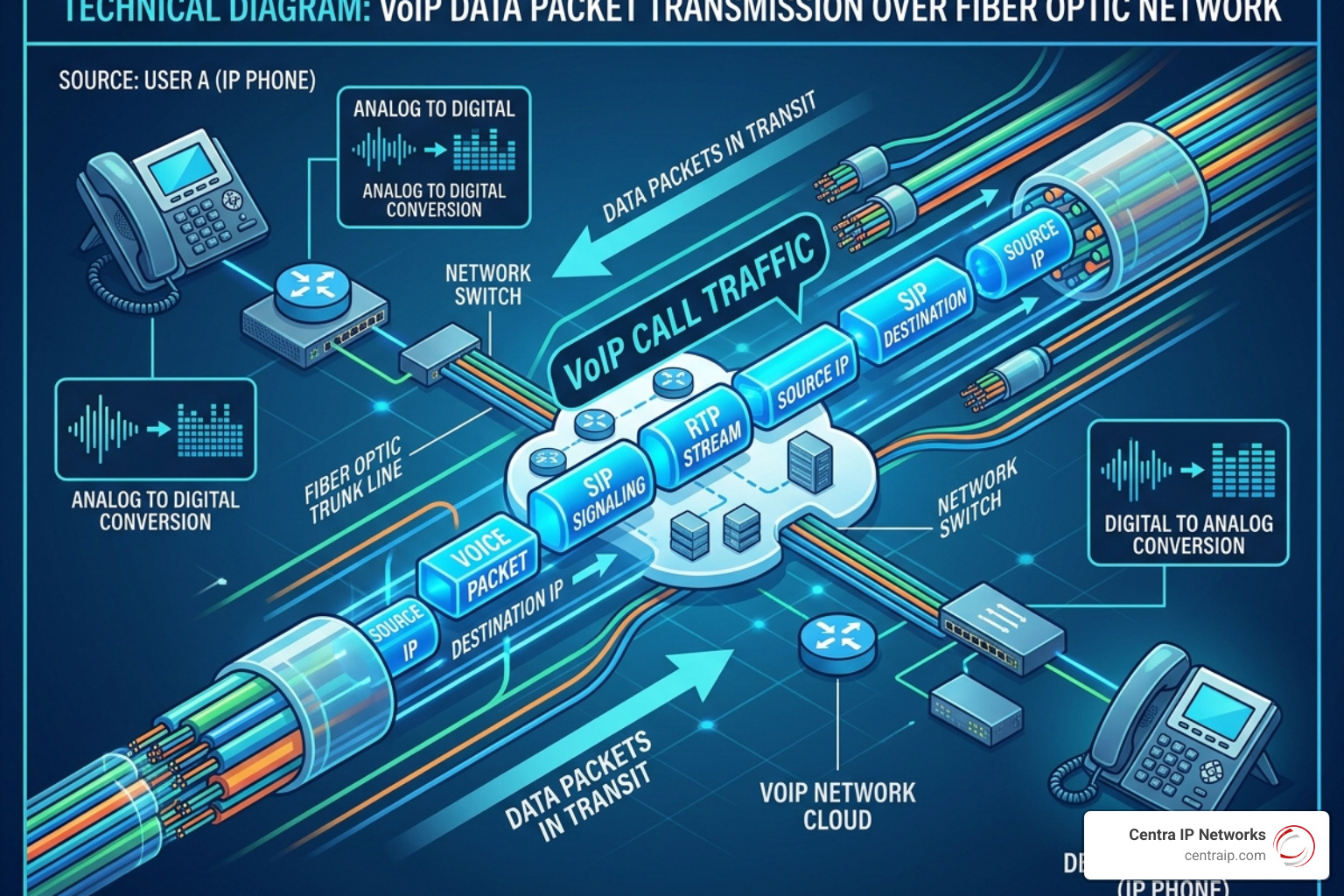 Illustration of digital data packets traveling over fiber optic cables for VoIP calls - voip service providers Illustration of digital data packets traveling over fiber optic cables for VoIP calls - voip service providers