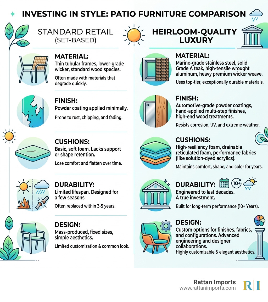 Infographic comparing standard retail patio sets vs heirloom-quality luxury patio furniture features - high end patio