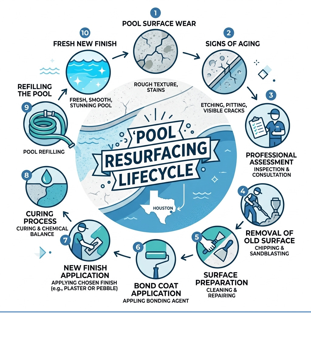 Infographic showing 10-step pool resurfacing lifecycle from initial surface wear to a fresh new finish - Pool replastering Infographic showing 10-step pool resurfacing lifecycle from initial surface wear to a fresh new finish - Pool replastering