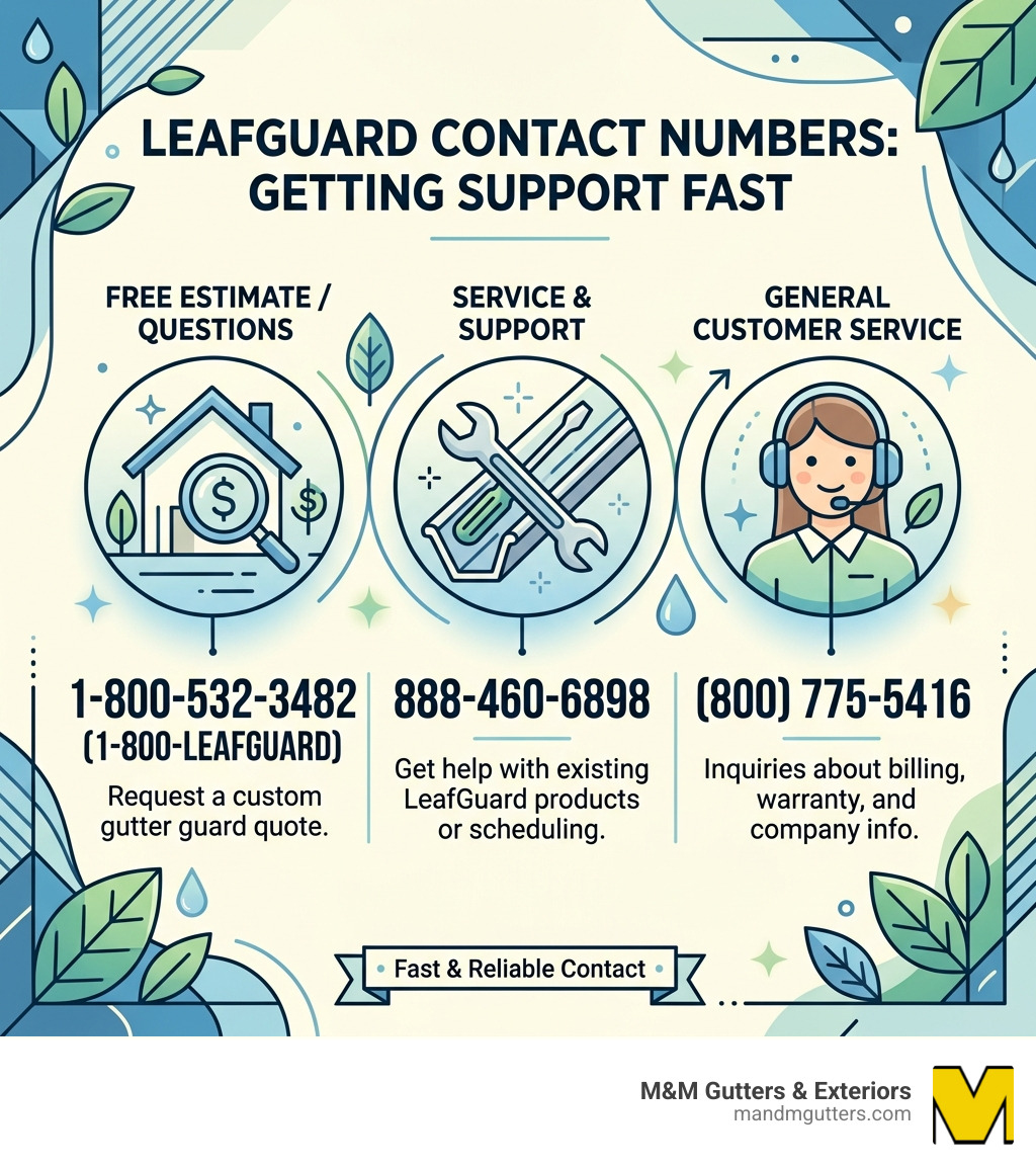 LeafGuard contact numbers infographic with estimate line, support line, and customer service number - leaf guard phone LeafGuard contact numbers infographic with estimate line, support line, and customer service number - leaf guard phone