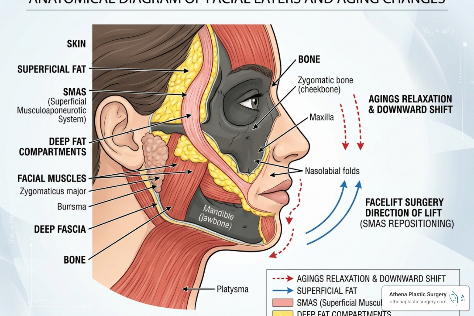 Diagram of facial anatomy showing SMAS layer and lift directions - mini vs full facelift Diagram of facial anatomy showing SMAS layer and lift directions - mini vs full facelift