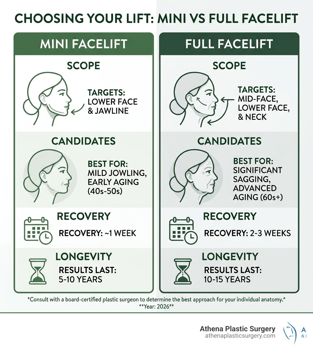 Infographic comparing mini vs full facelift: scope, recovery, longevity, candidates - mini vs full facelift infographic Infographic comparing mini vs full facelift: scope, recovery, longevity, candidates - mini vs full facelift infographic