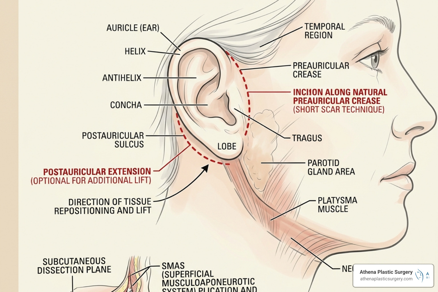 Illustration of mini facelift incision points around the ear - mini vs full facelift Illustration of mini facelift incision points around the ear - mini vs full facelift