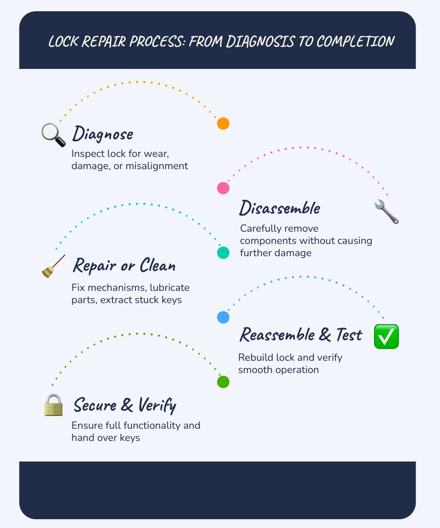 Steps in the lock repair process from diagnosis to completion - lock repairs near me infographic