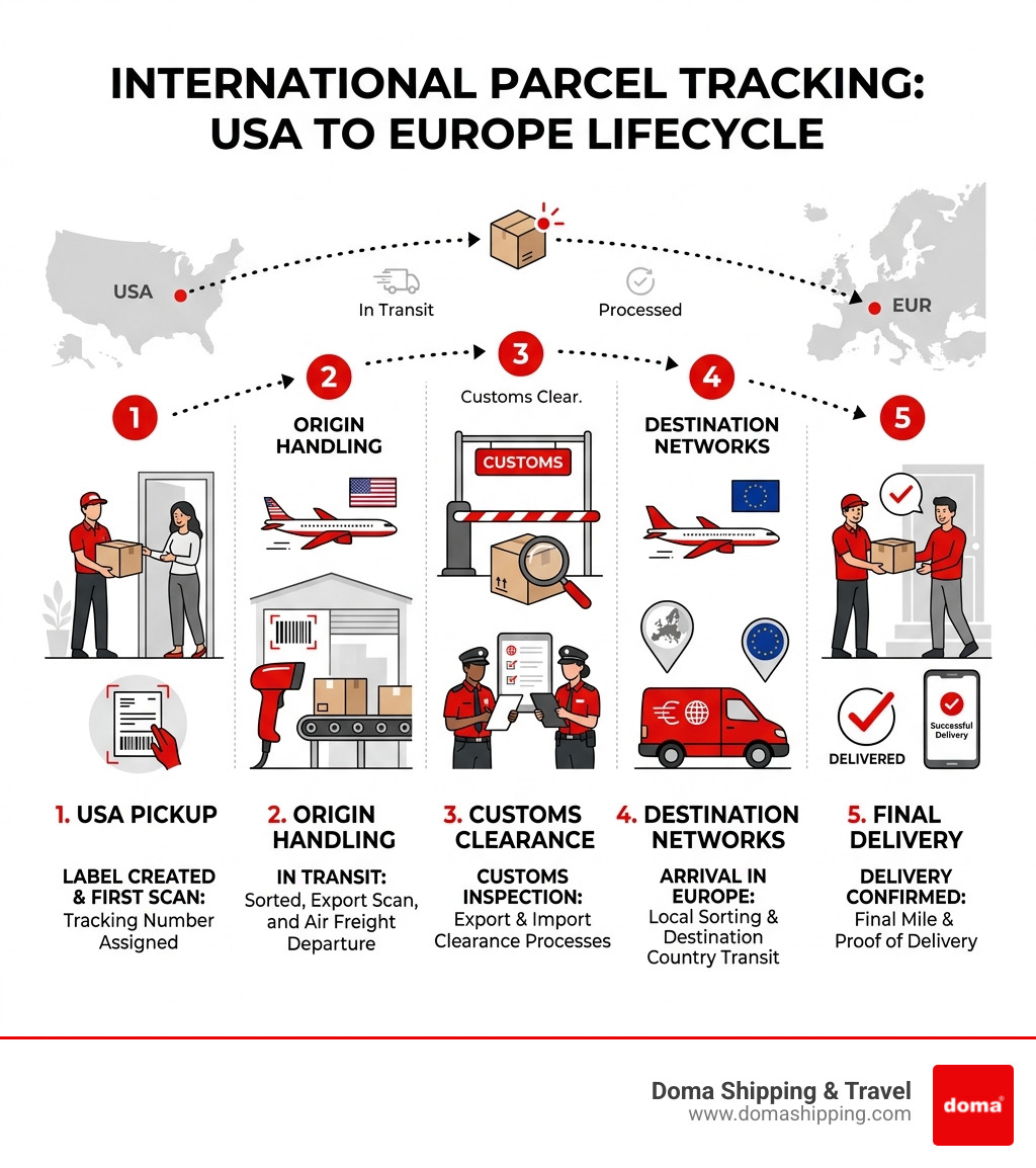 International parcel tracking lifecycle from USA pickup through customs to European delivery - international parcel tracking International parcel tracking lifecycle from USA pickup through customs to European delivery - international parcel tracking