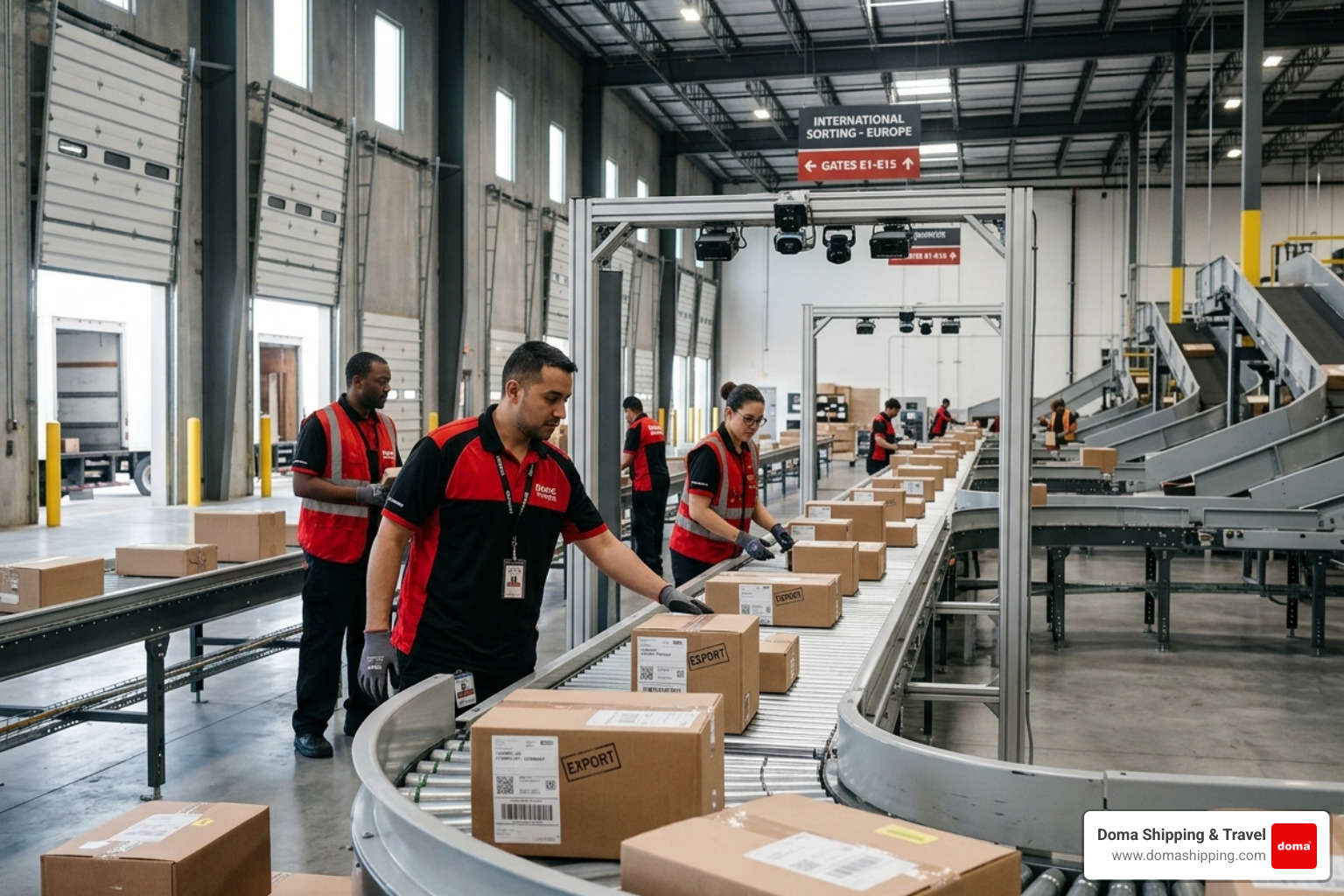 Parcels being sorted on a high-speed conveyor belt at an international logistics hub - international parcel tracking Parcels being sorted on a high-speed conveyor belt at an international logistics hub - international parcel tracking