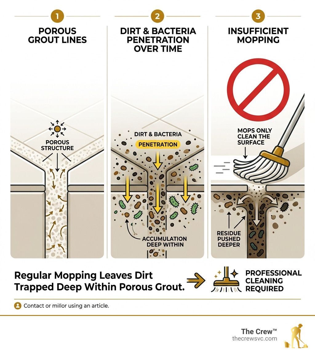 Infographic showing how dirt and bacteria penetrate porous grout lines over time and why regular mopping is insufficient