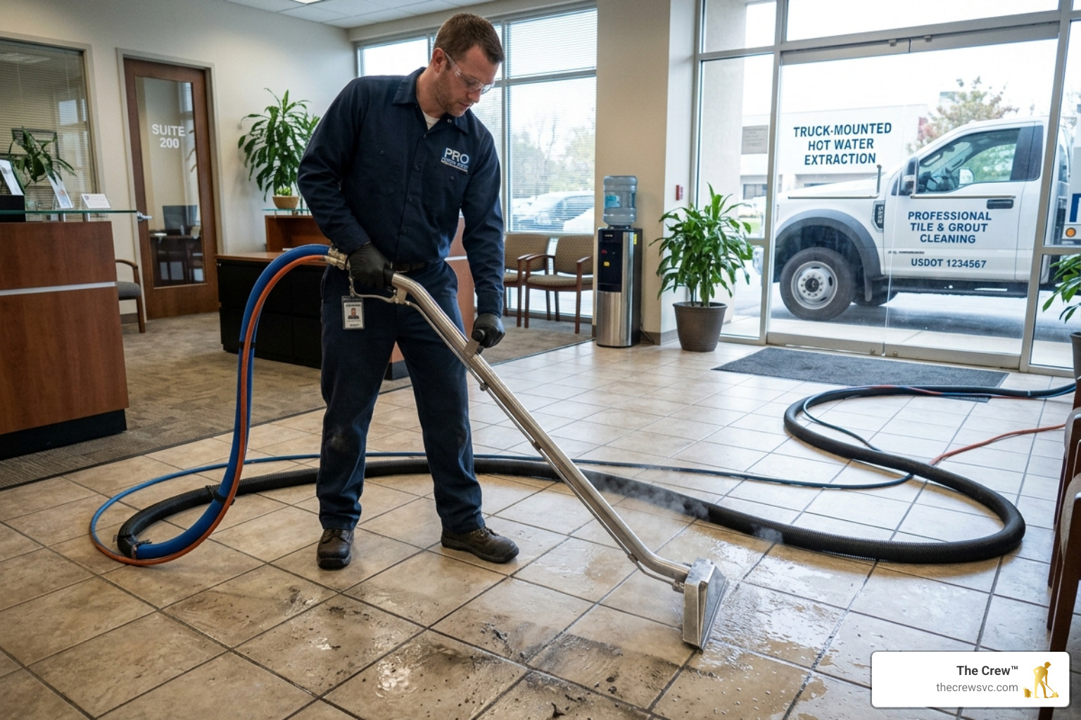 A professional technician using a truck-mounted hot water extraction system to deep clean a commercial tile floor - tile