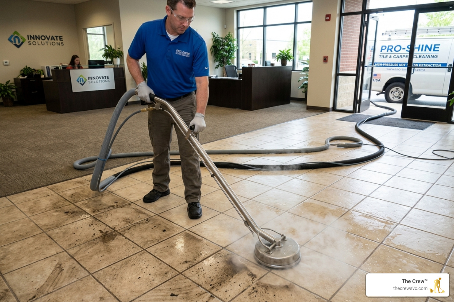 Professional tile cleaning equipment using high-pressure extraction to remove deep-seated grime from grout lines - tile