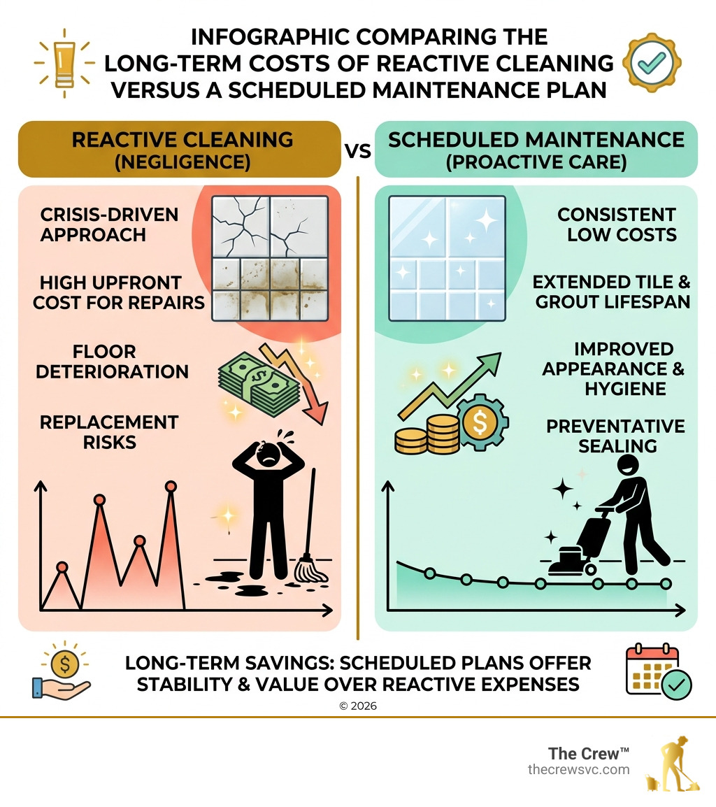 Infographic comparing the long-term costs of reactive cleaning versus a scheduled maintenance plan - tile cleaner service