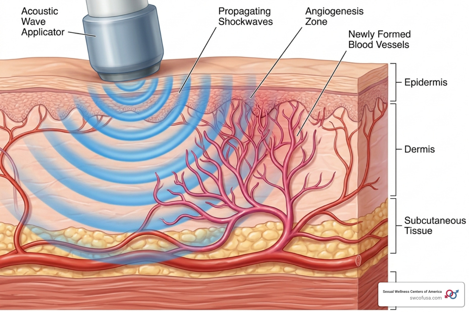 Acoustic wave technology pulses moving through tissue to stimulate blood vessel growth - RegenMAX injection therapy Acoustic wave technology pulses moving through tissue to stimulate blood vessel growth - RegenMAX injection therapy