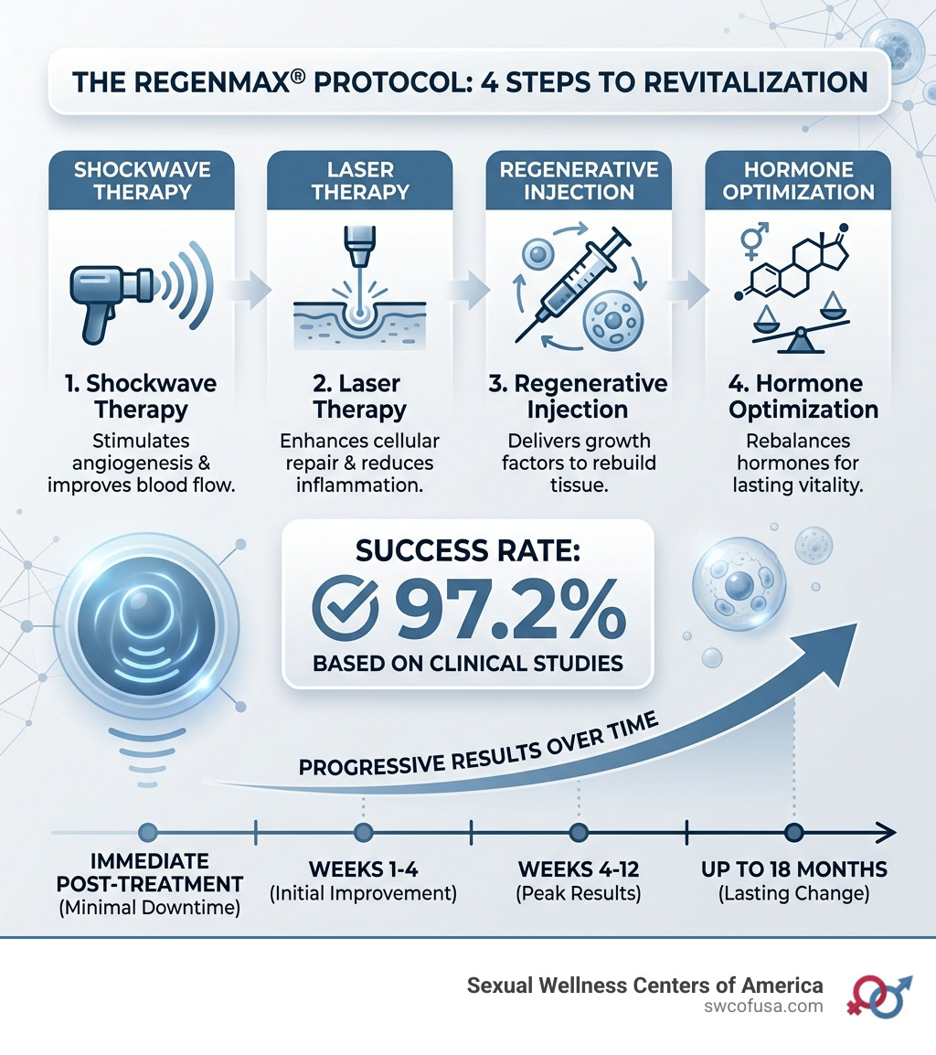 4-step REGENmax protocol infographic: shockwave, laser, regenerative injection, hormone optimization with success rate and 4-step REGENmax protocol infographic: shockwave, laser, regenerative injection, hormone optimization with success rate and
