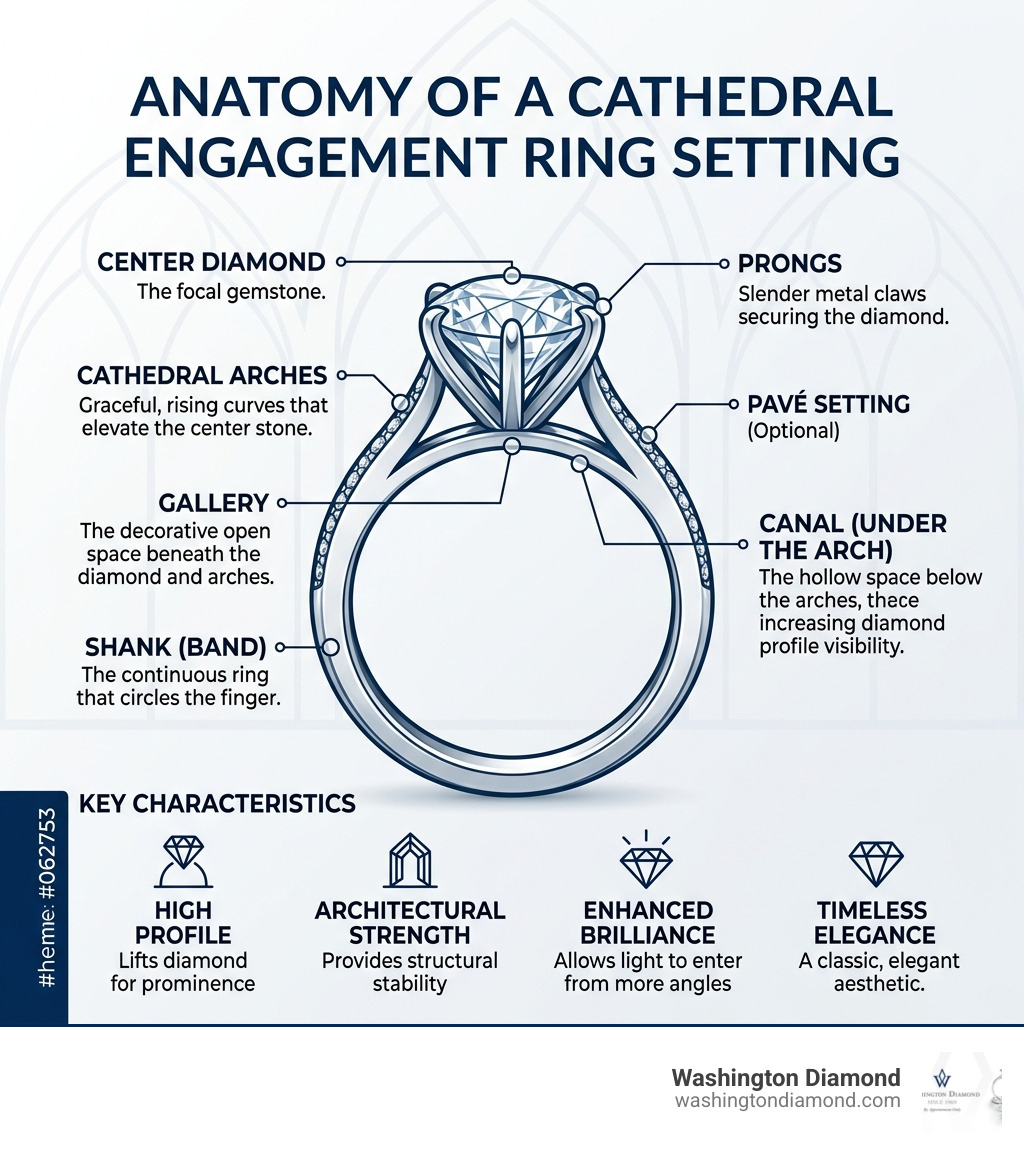 Anatomy of a cathedral engagement ring setting infographic - Cathedral engagement setting infographic 