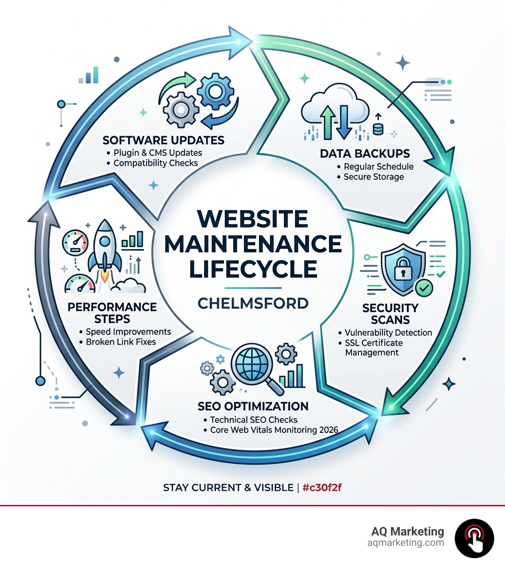 Website maintenance lifecycle infographic showing update cycle, backups, security, SEO, and performance steps - website Website maintenance lifecycle infographic showing update cycle, backups, security, SEO, and performance steps - website