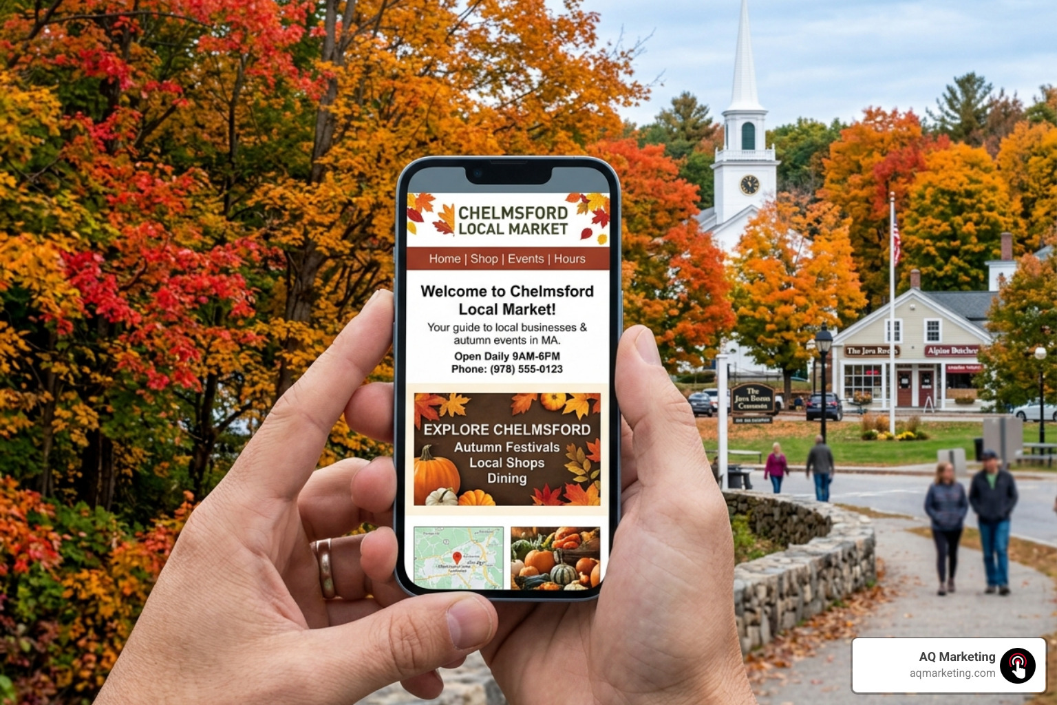 Mobile-optimized website being viewed on a smartphone in a New England setting - website maintenance Chelmsford Mobile-optimized website being viewed on a smartphone in a New England setting - website maintenance Chelmsford