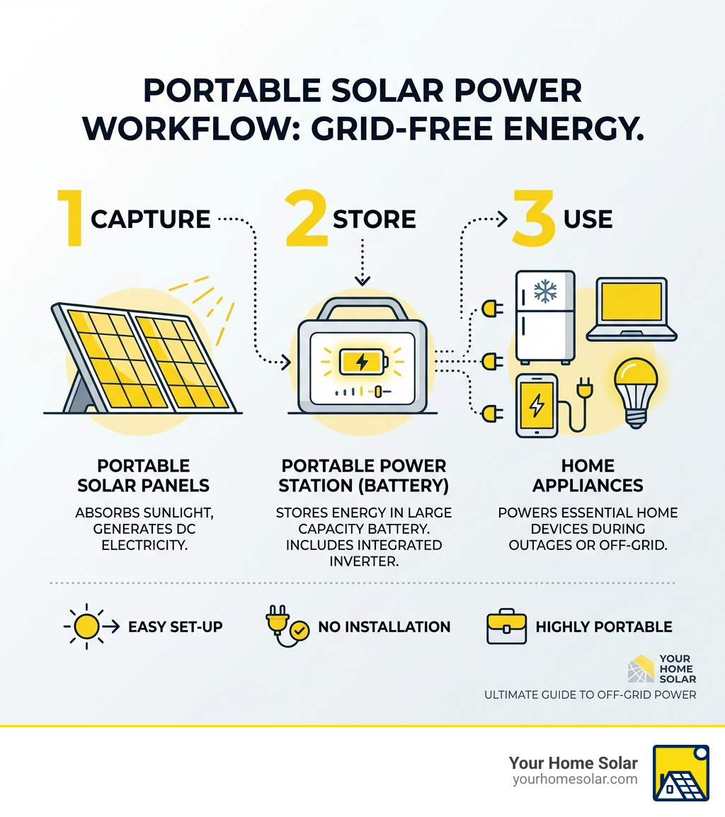 Portable solar panel to battery to home appliances workflow infographic - best portable solar panels for home infographic Portable solar panel to battery to home appliances workflow infographic - best portable solar panels for home infographic
