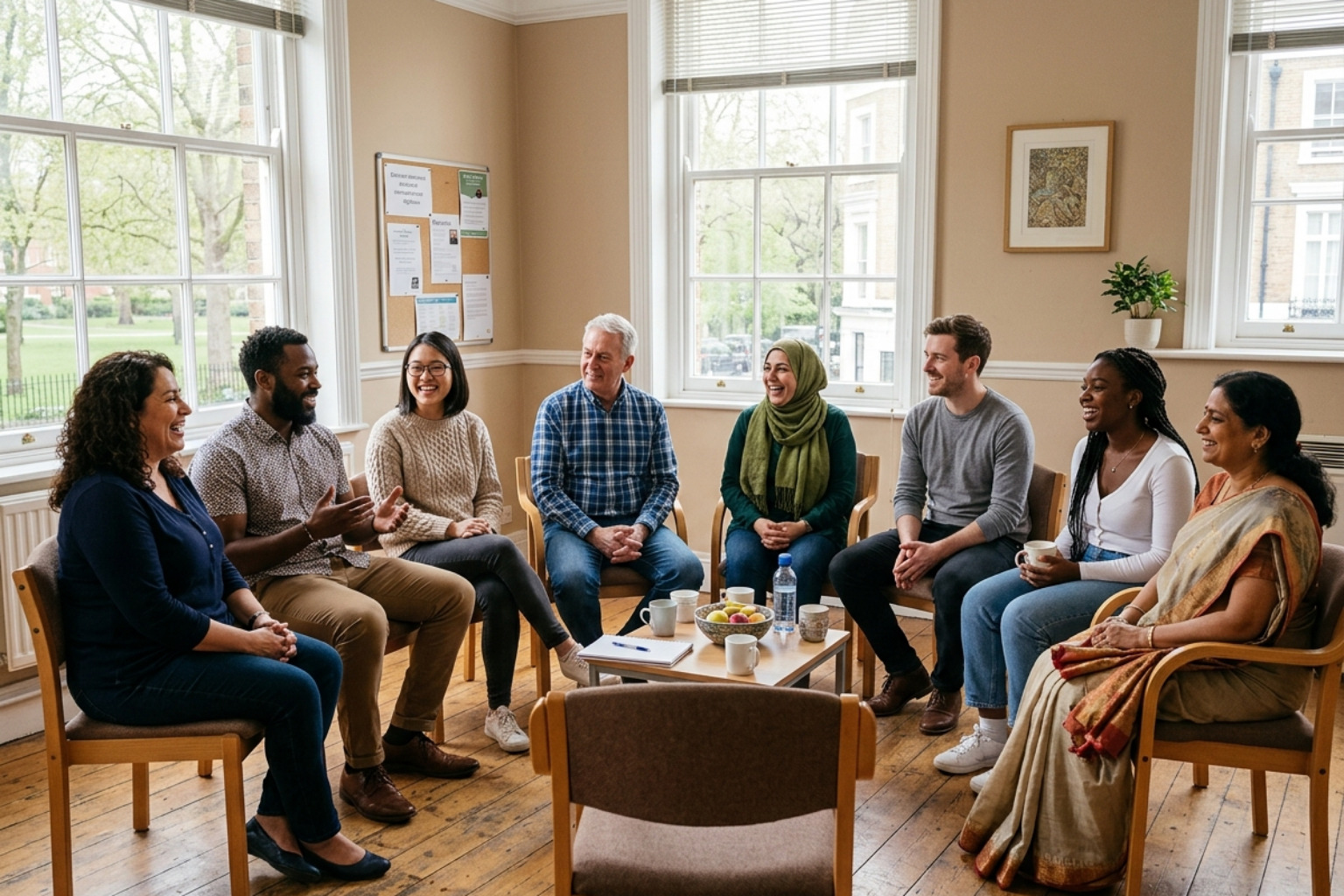 Diverse group of adults sitting in a circle of chairs chatting in a community room - how long does it take permanent Diverse group of adults sitting in a circle of chairs chatting in a community room - how long does it take permanent