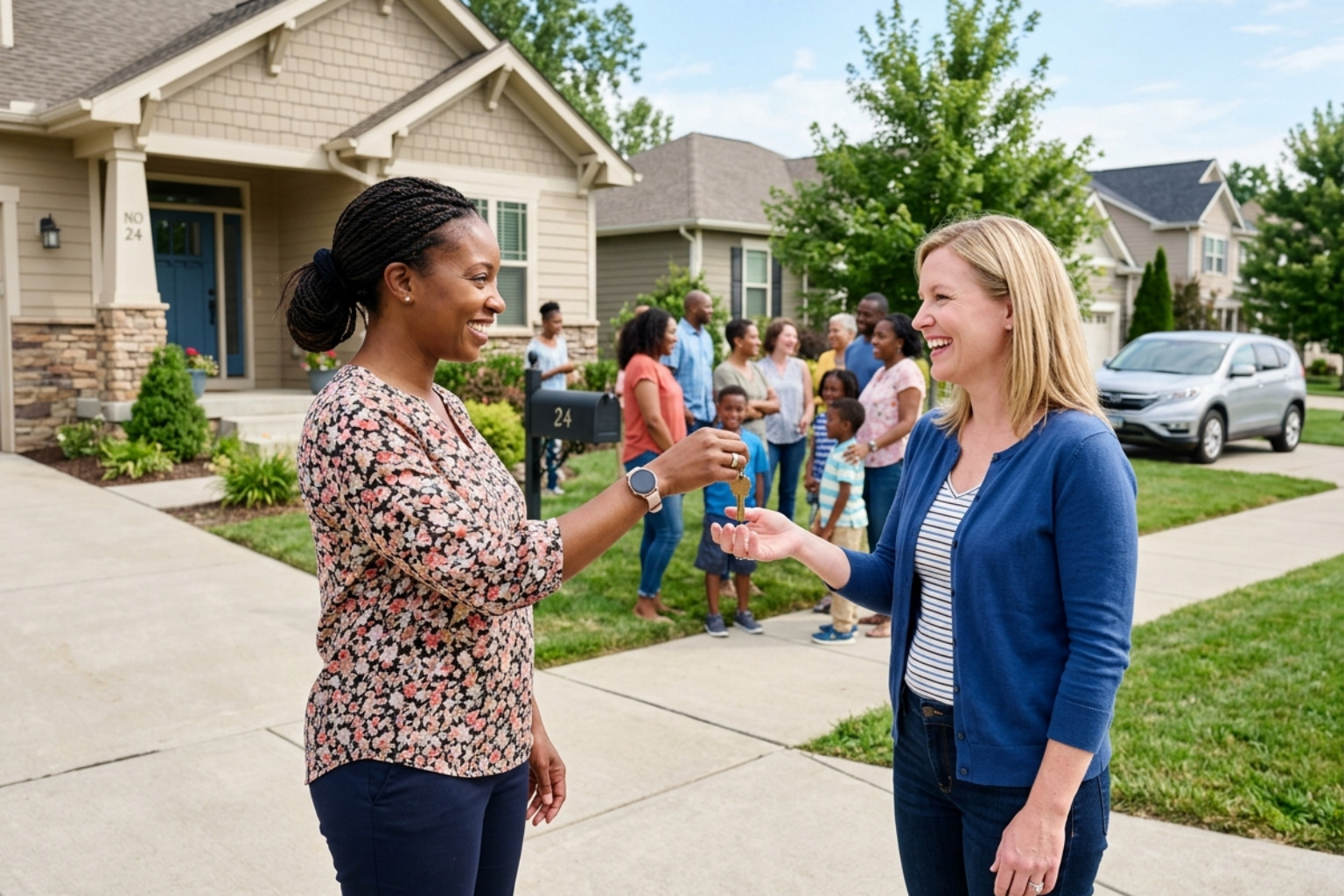 A person of color handing a set of house keys to a white recipient in a bright community setting - how long does it take A person of color handing a set of house keys to a white recipient in a bright community setting - how long does it take