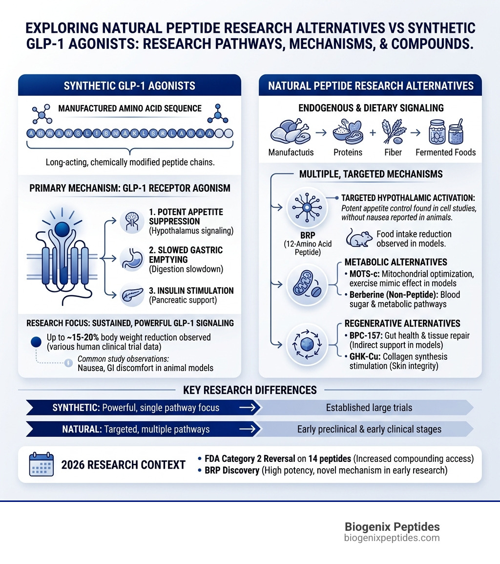 Natural peptide alternatives vs synthetic GLP-1 agonists: research pathways, mechanisms, and compounds compared - natural