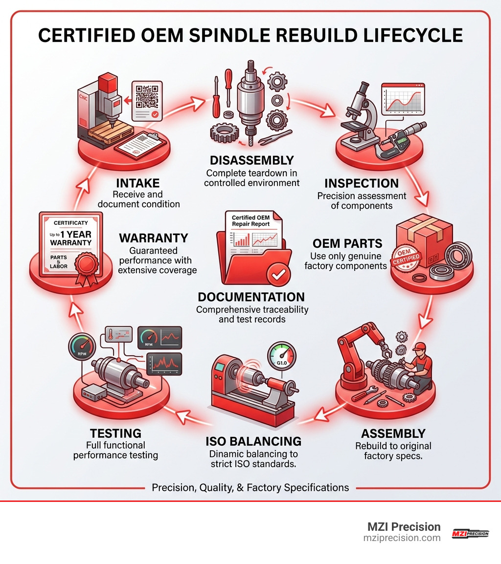 Certified OEM spindle rebuild lifecycle: intake, disassembly, inspection, OEM parts, assembly, ISO balancing, testing Certified OEM spindle rebuild lifecycle: intake, disassembly, inspection, OEM parts, assembly, ISO balancing, testing
