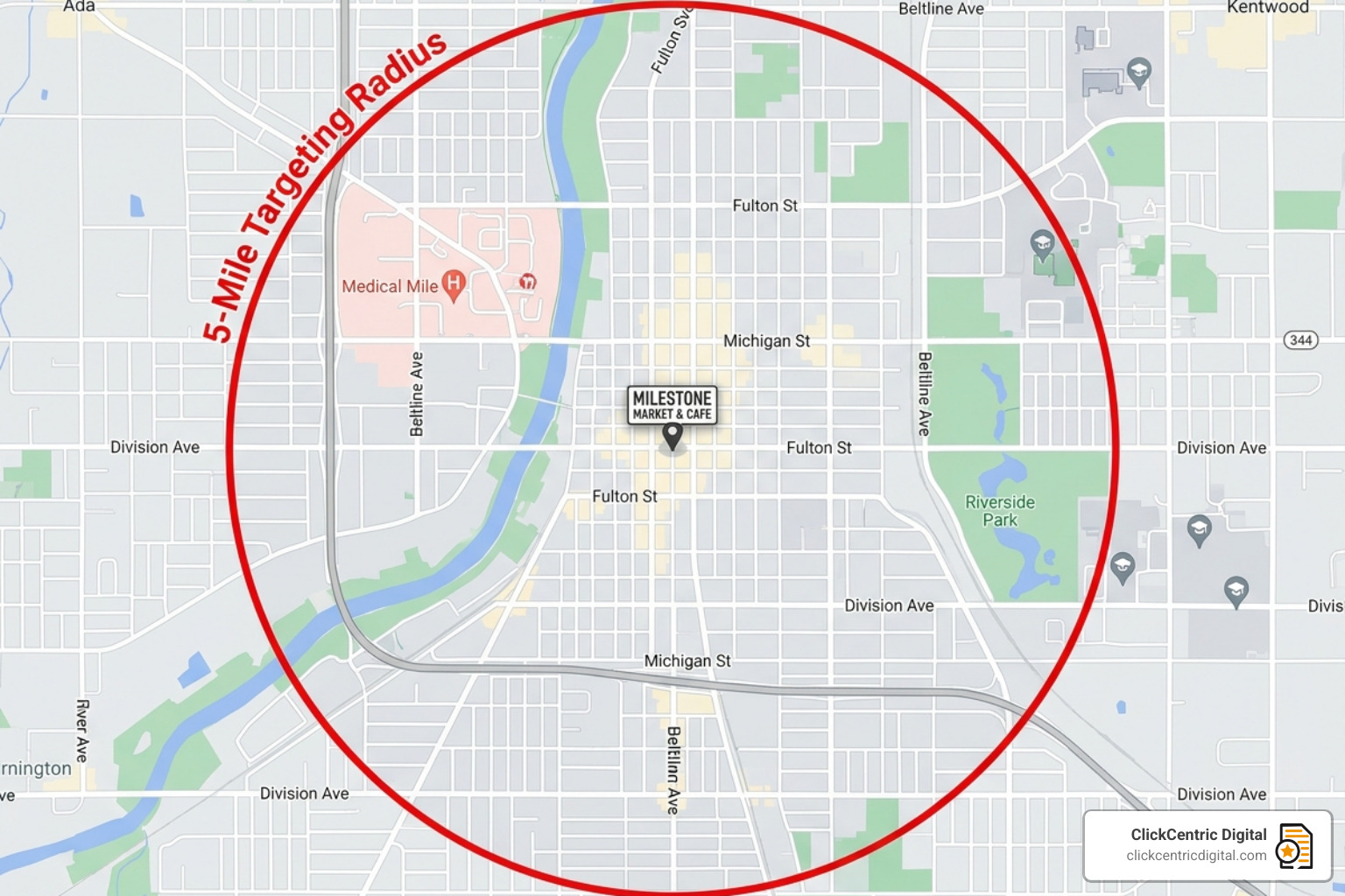 Map showing a 5-mile radius around a local business for ad targeting - Facebook local business ads Map showing a 5-mile radius around a local business for ad targeting - Facebook local business ads