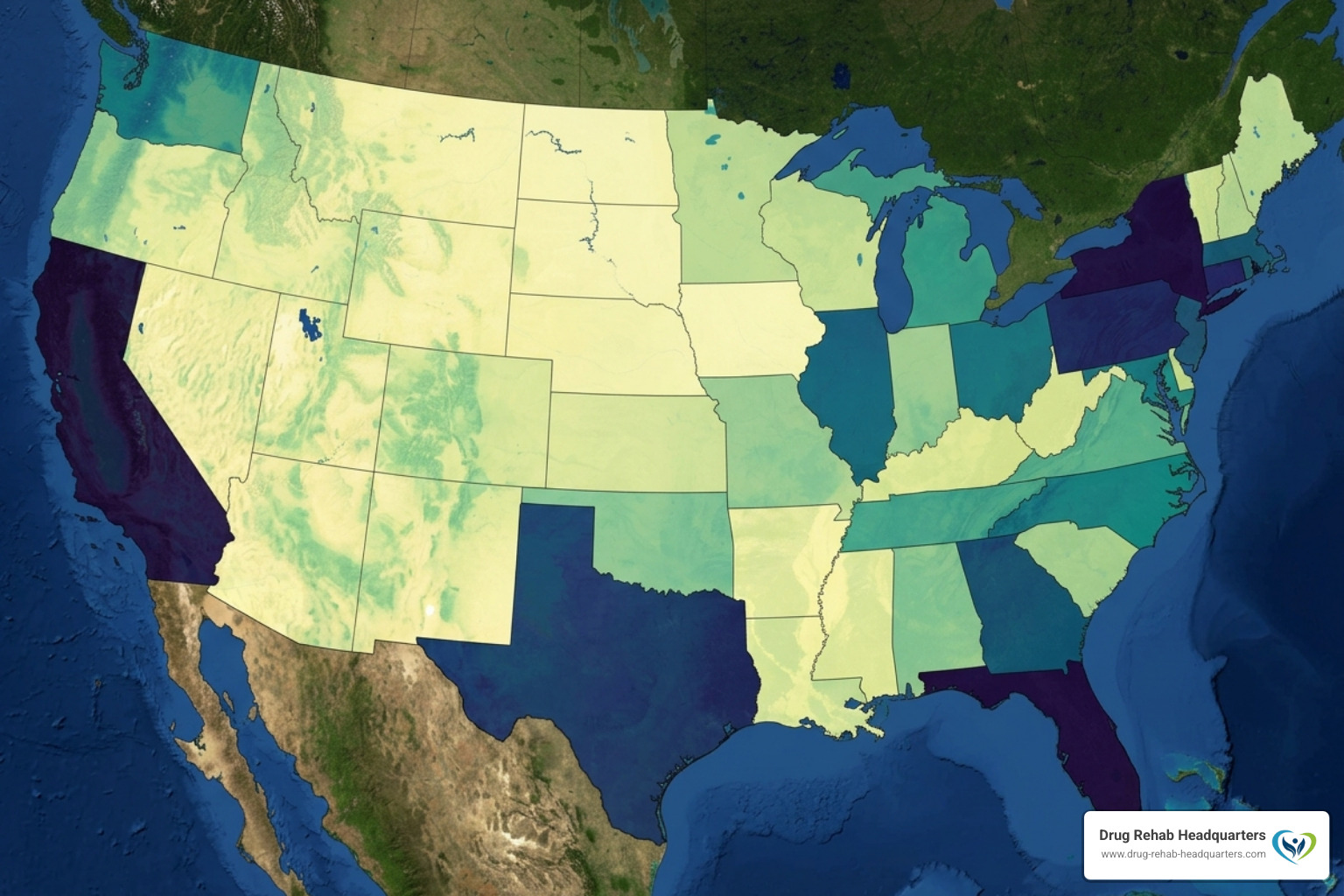 Map showing concentration of treatment centers across the US - free addiction support 24/7