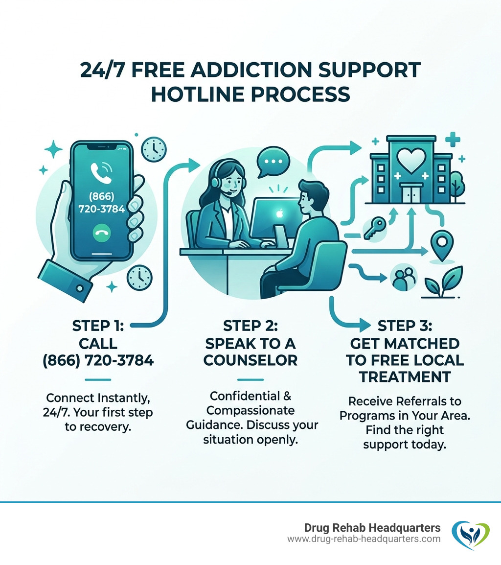 Infographic showing the 24/7 hotline process: Call → Speak to a counselor → Get matched to free local treatment - free