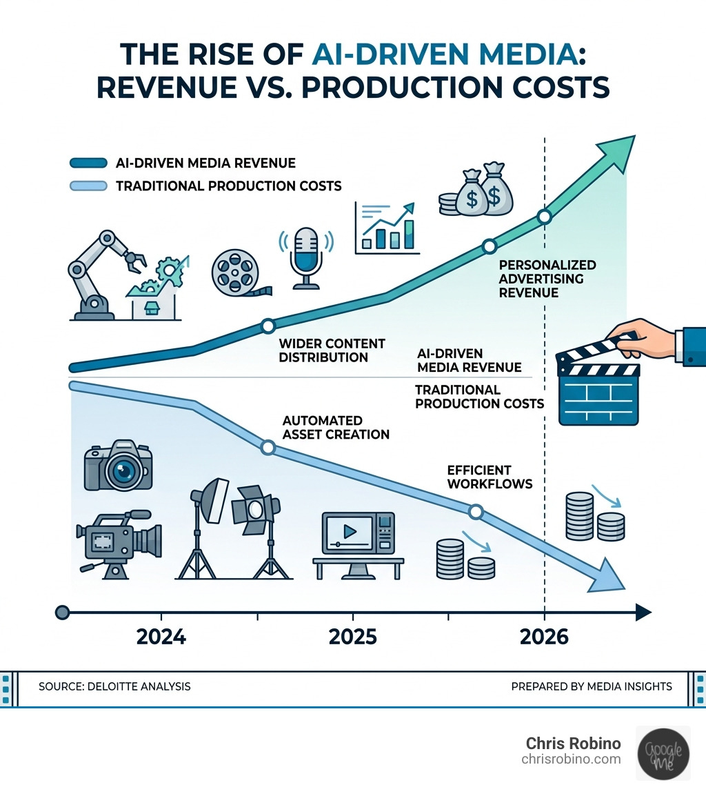 Infographic showing the rise of AI-driven media revenue vs. traditional production costs - generative AI media infographic 