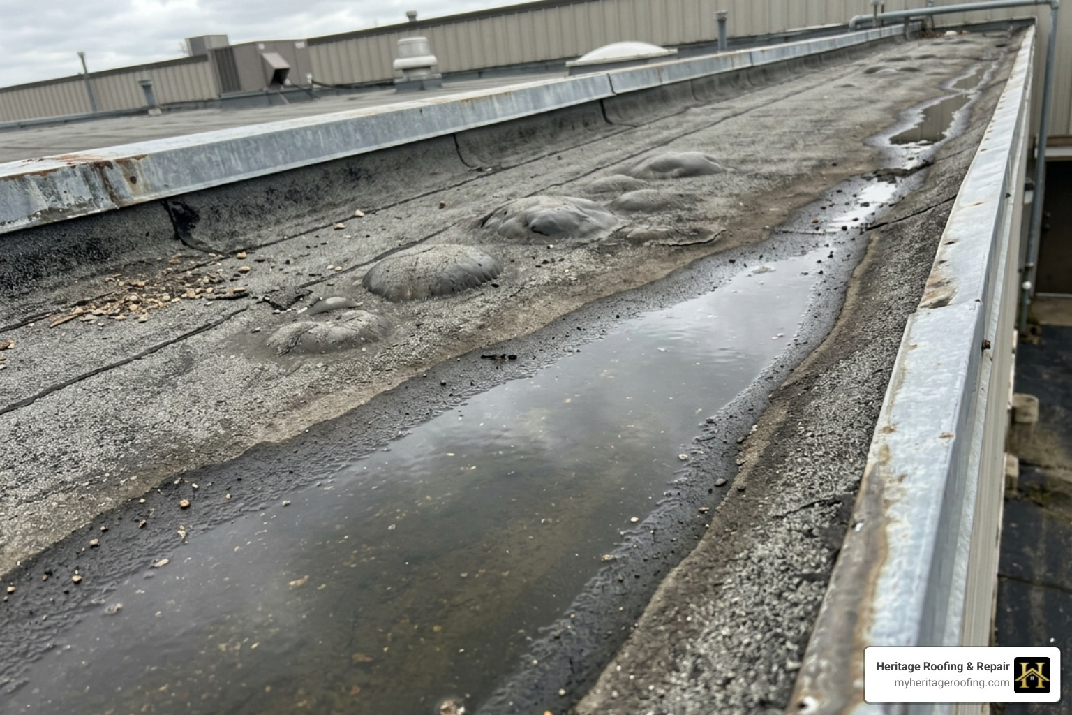 Commercial roof with ponding water and membrane blisters - Commercial roof damage Commercial roof with ponding water and membrane blisters - Commercial roof damage