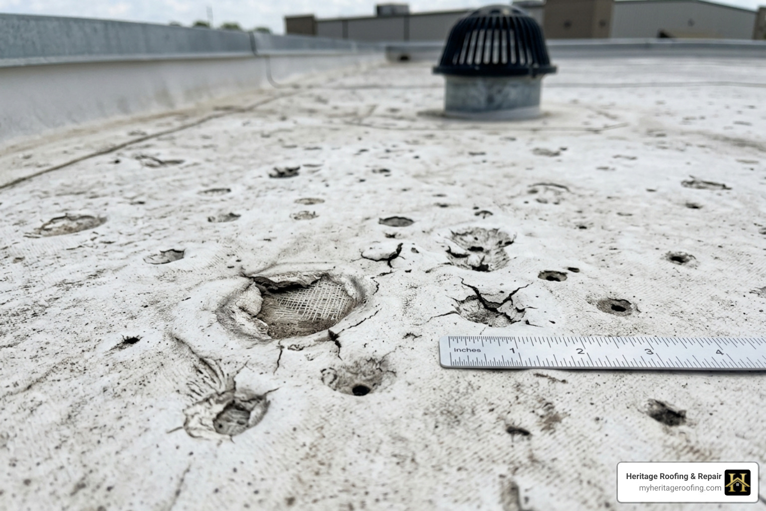 Hail-damaged TPO membrane with visible bruising and cracks - Commercial roof damage Hail-damaged TPO membrane with visible bruising and cracks - Commercial roof damage